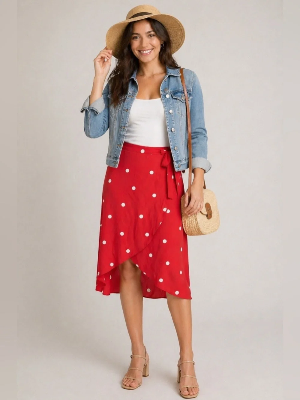 LOFT Red Polka Dot Wrap Skirt Size 6P Petite Tie Waist Midi Flowy
